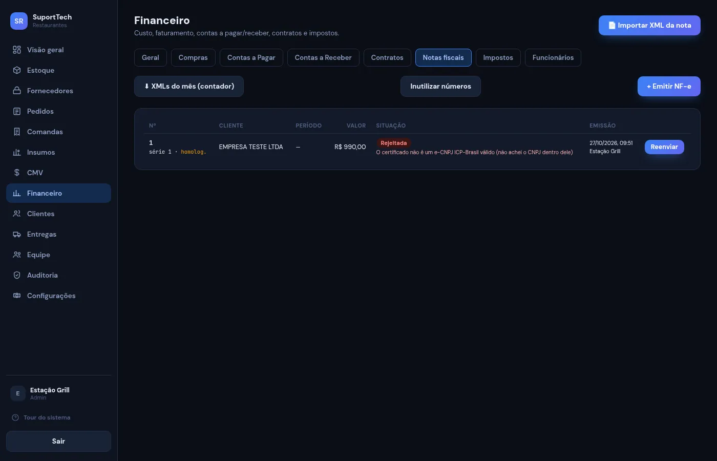 Tela do SuportTech Restaurantes